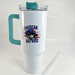 30oz Insulated Tumbler Bass Fishing White Teal Handle Travel Mug